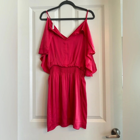 Trina Turk Colusa Cold-Shoulder Stretch Silk Ruffle Dress Size M Hot Pink - Picture 4 of 5